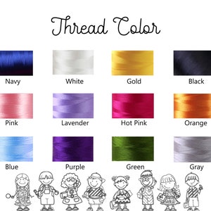 May include: A chart showing 12 different thread colors with the names of each color listed below. The colors are: navy, white, gold, black, pink, lavender, hot pink, orange, blue, purple, green, and gray.