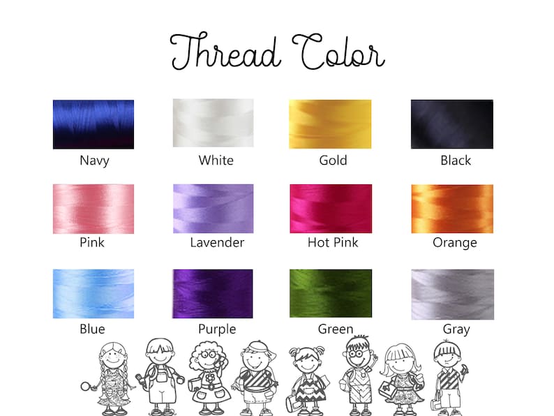 May include: A chart showing 12 different thread colors with the names of each color listed below. The colors are: navy, white, gold, black, pink, lavender, hot pink, orange, blue, purple, green, and gray.