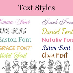 May include: A pink background with the text "Text Styles" in black.  Below the text are eight different font styles in various colors, including purple, black, teal, gold, pink, navy blue, and brown.  Each font style is labeled with a name, such as "Emma Font", "KMS FONT", "Easton Font", "Jacob Font", "Daniel Font", "Natalie Font", "GRACE FONT", "Salim Font", "Violet Font", and "Olivia Font".  The bottom of the image shows a row of eight cartoon children.