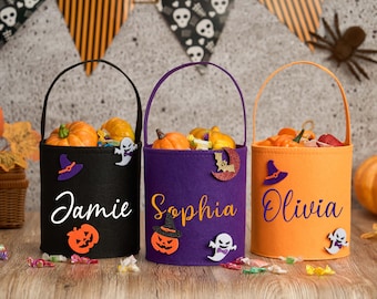 Gepersonaliseerde Halloween-snoepmand, Trick or Treat-draagtas, pompoenemmer voor kinderen, Halloween-snoepmand, Halloweentas, Halloweencadeau voor kind