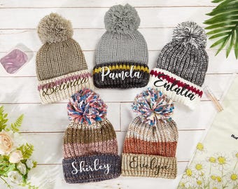 Personalized Embroidered Adult Beanie,Custom Pom Pom Beanie Hat,Embroidered Knit Hats for Women,Winter Beanie Hat,Christmas Gifts for Her