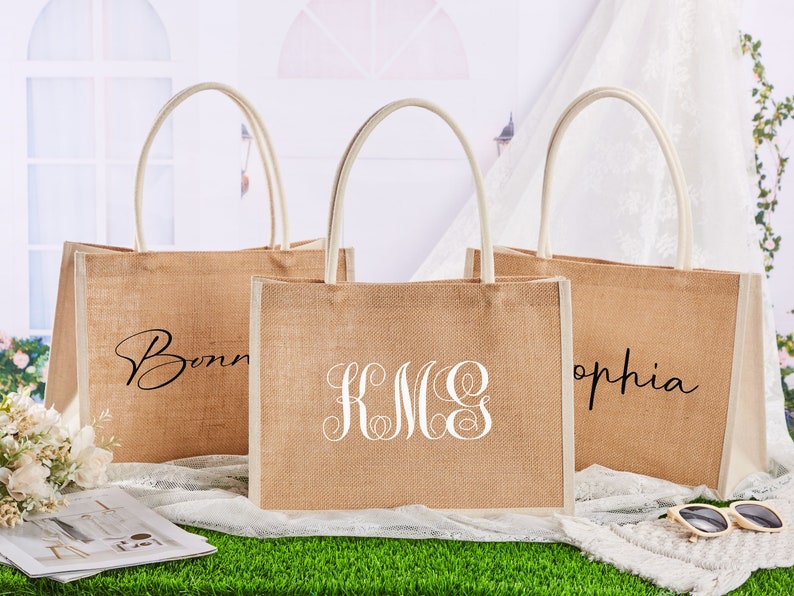 Personalized Burlap Bags, Custom Name Jute Bag, Monogram Beach Tote Bag, Bridesmaid Gifts Bag,Bachelorette Party,Wedding Favors,Gift for Her image 10