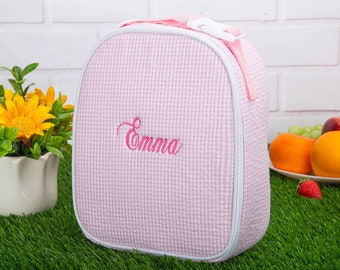 Persoonlijke lunchtassen, Seersucker lunchtas, lunchbox voor kinderen, monogram lunchtas kinderen jongens en meisjes geborduurde lunchbox terug naar school