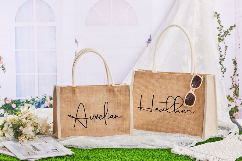 Personalized Burlap Bags, Custom Name Jute Bag, Monogram Beach Tote Bag, Bridesmaid Gifts Bag,Bachelorette Party,Wedding Favors,Gift for Her image 3