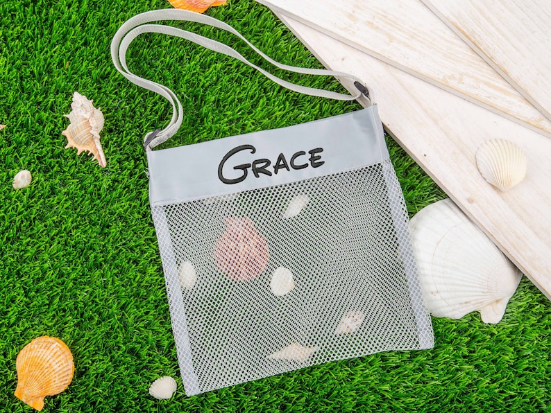 Embroidered Seashell Bag,Personalized Mesh Sea Shell Bag,Monogram Shell Mesh Bag,Kids Beach Bag, Shell Tote,Seashell Tote Bag,Pool Toy Bags zdjęcie 10