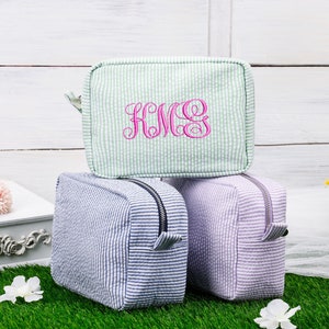 Personalized Seersucker Cosmetic Bag, Monogrammed Toiletry Bag, Embroidered Make Up Bag,Bridesmaid Makeup Bag, Bridesmaid Gift, Women Gifts image 3