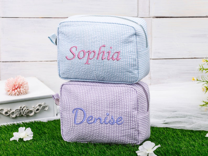Personalized Seersucker Cosmetic Bag, Monogrammed Toiletry Bag, Embroidered Make Up Bag,Bridesmaid Makeup Bag, Bridesmaid Gift, Women Gifts image 4