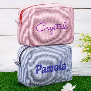 Personalized Seersucker Cosmetic Bag, Monogrammed Toiletry Bag, Embroidered Make Up Bag,Bridesmaid Makeup Bag, Bridesmaid Gift, Women Gifts image 10