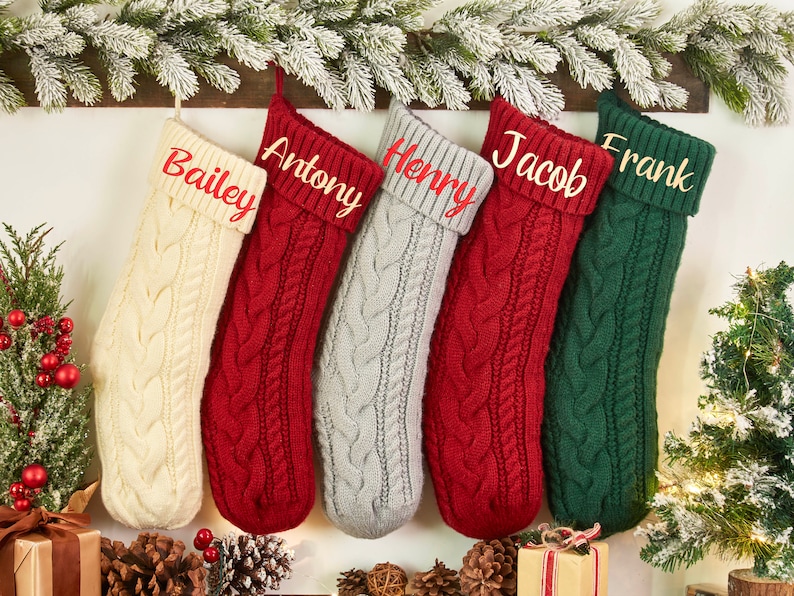 Personalized Christmas Stockings, Embroidered Stocking, Christmas Gift, Knitted Name Stockings, Monogram Family Stockings, Holiday Stockings zdjęcie 4