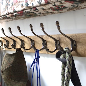 Wall Mounted Antique Style Wooden Coat Rack Vintage Cast Iron Hooks with Acorn heads, Rustic and Handmade.