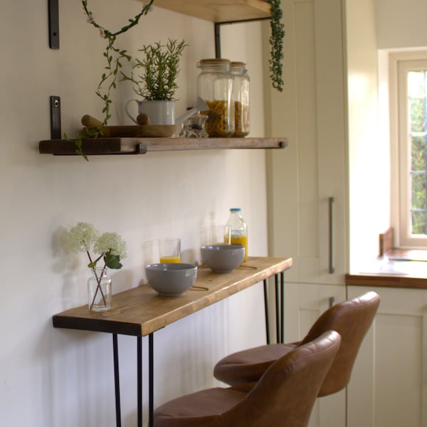 Wooden Breakfast Bar with Two Hairpin Legs, Scaffold Board, Kitchen Table, Rustic Bar, Desk.