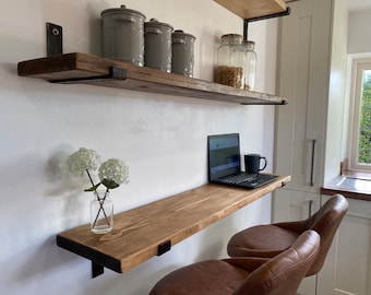 Wooden Breakfast Bar Wall Mounted on Stylish Steel Brackets with a copper finish, Scaffold Board, Kitchen Table, Rustic Bar, Desk.