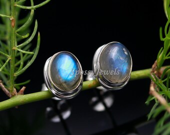 Natural Blue Flashy Labradorite Stud Earrings, 925 Sterling Silver Jewelry, Blue Flashy Minimalist Gemstone Earring, Valentine's Day Gift