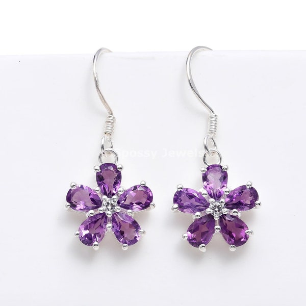 Natural Amethyst Earrings-Handmade Amethyst Accent Flower Earrings in Sterling Silver-Purple Stone Earrings-February Birthstone-Gift for Her