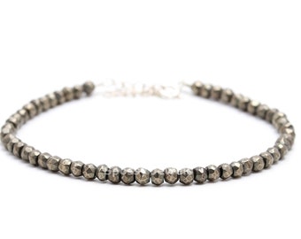 Natural Pyrite Crystal Beaded Bracelet, 925 Sterling Silver Wealth & Success Bracelet, Handmade Statement Crystal Bracelet, Gift for Him