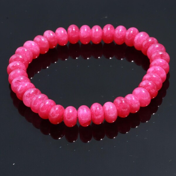 Hot Pink Chalcedony Bracelet, 8-9 mm Smooth Rondelle Beads Bracelet, Hot Pink Gemstone Bracelet, Stretch Bracelet, Chalcedony Jewelry Gift