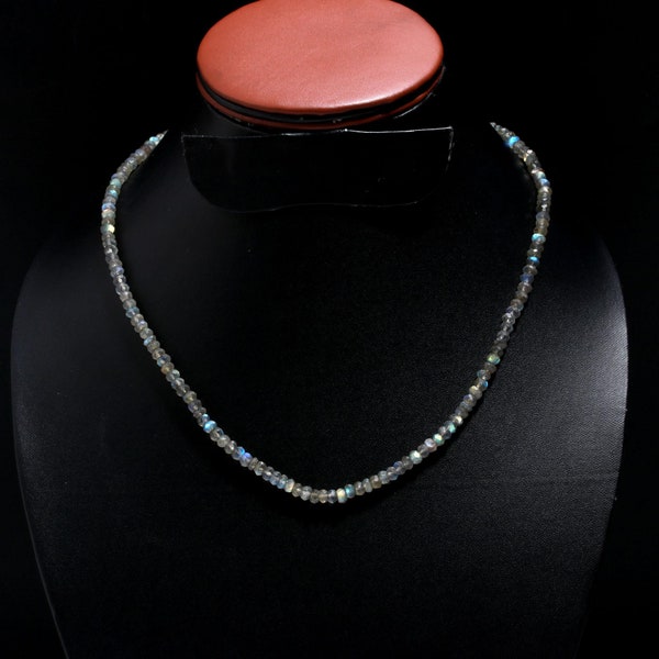 Collier labradorite naturelle, collier de perles rondelles à facettes, collier de perles bleu gris feu de 4-5 mm, bijoux en argent sterling, collier de guérison