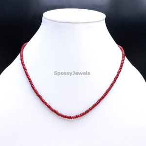 Ruby Corundum Beaded Necklace, 3 - 4 mm Red Ruby Beads Necklace, July Birthstone Necklace Gemstone Handmade Sterling Silver Necklace For Her