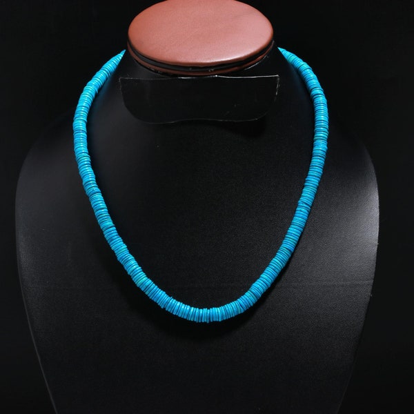 Collier de perles de pierres précieuses turquoise, collier de perles de pneu lisses turquoise de 7-8 mm, collier turquoise bleu, collier en argent sterling pour elle