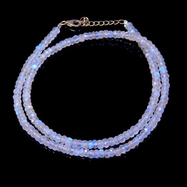AAA+ White Rainbow Moonstone Beaded Necklace, 4.5-5 mm Faceted Rondelle Beads Bracelet, Blue Flashy Gemstone Necklace, Necklace For Women's