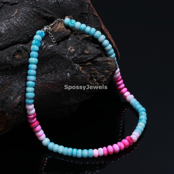 Pink opal & Blue Opal Shaded Necklace, Dainty Gemstone Necklace For Women, 8 mm Smooth Rondelle Beads Necklace, Sterling Silver Jewelry