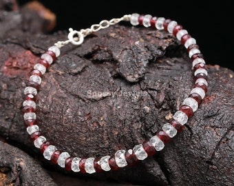 Natural Red Garnet & Clear Crystal Quartz Stone Bracelet - January Birthstone Bracelet - Beaded Adjustable Silver Jewelry - Women's Gifts