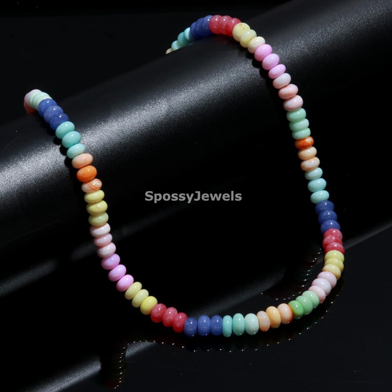 CANDY OPAL NECKLACE, Beautiful Mix Colorful Opal Gemstone Beads Necklace, 8mm Rondelle Smooth Beads Necklace, Gemstone Choker For Girls's image 3