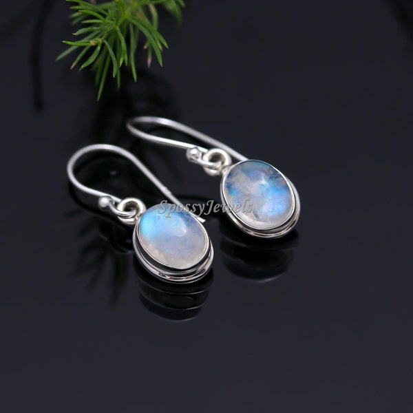 Belle boucle d'oreille pendante en pierre de lune arc-en-ciel, bijoux minimalistes faits main en argent sterling 925, bijoux en pierres précieuses bleues flashy, cadeau de la Saint-Valentin