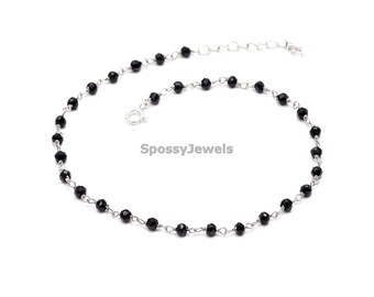 Nouveau bracelet chaîne chapelet en perles de spinelle noir, bracelet de cheville perles de pierres précieuses à facettes, bracelet protection contre le mauvais œil en argent sterling, cadeau pour fille