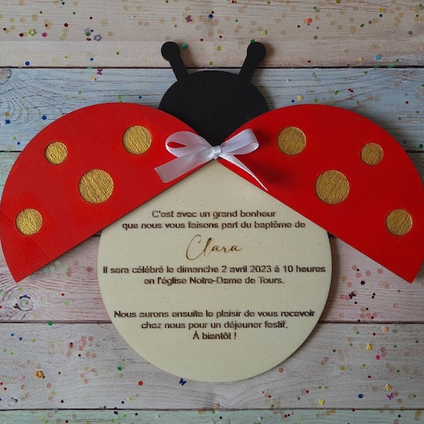 Faire-part en bois  coccinelle invitation baptême mariage communion naissance