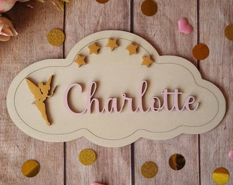 Plaque de porte en bois fée clochette personnalisable au prénom de votre enfant éxiste en version garçon voir boutique