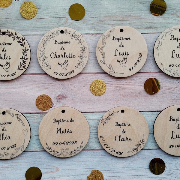 Médaillons en bois personnalisés pour baptême, mariage, communion personnalisation de bougies boîtes de dragées ou table de mariage