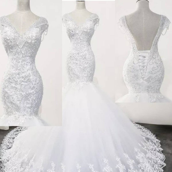 Crystal Beaded Floral lace mermaid Wedding Dress, vintage  bridal dress, Corset lace up back wedding dress, Backless wedding dress.
