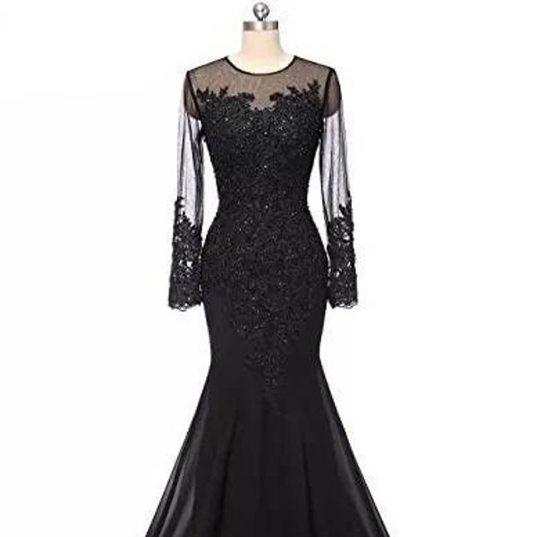 Black Long Sleeved Mermaid wedding Dress, Chiffon crystal Formal Evening Party prom Gown, Black gothic wedding prom gown.