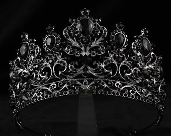 Black gothic wedding tiara, Large  bridal wedding pageant crown, Prom queen  bridal tiara, Black crystal bridal tiara, Wedding hair crown.