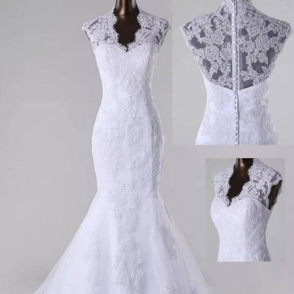 Elegant Mermaid Wedding dress with V neck, Bridal wedding gown with zippered button closure, Custom made wedding dress at Chrystalsbycha.