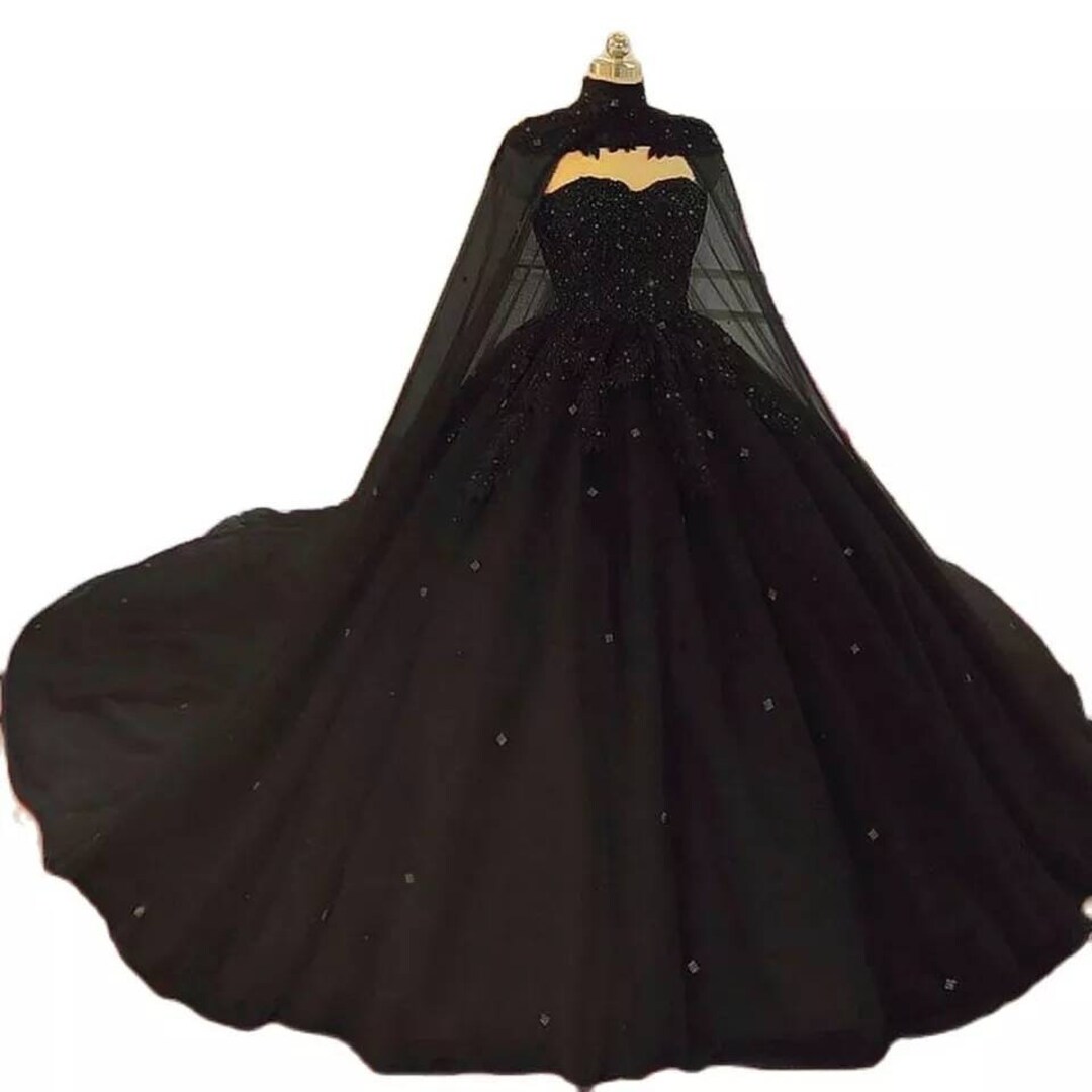 Black Gothic Wedding Dress Ball Gown Wedding Dress With Cape Etsy