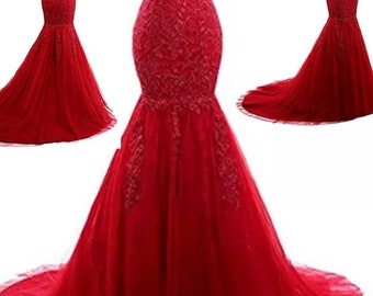 Red off the shoulder lace wedding prom dress, Prom party dress, Custom made formal dress, Corset back prom dress, Mermaid prom dress.