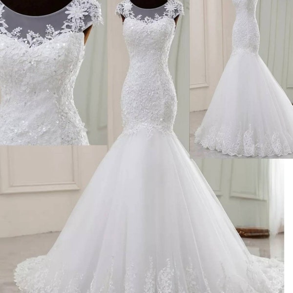 Floral lace mermaid Wedding Dress, Vintage bridal dress with crystals, Corset lace up back wedding dress, drop waist bridal dress.