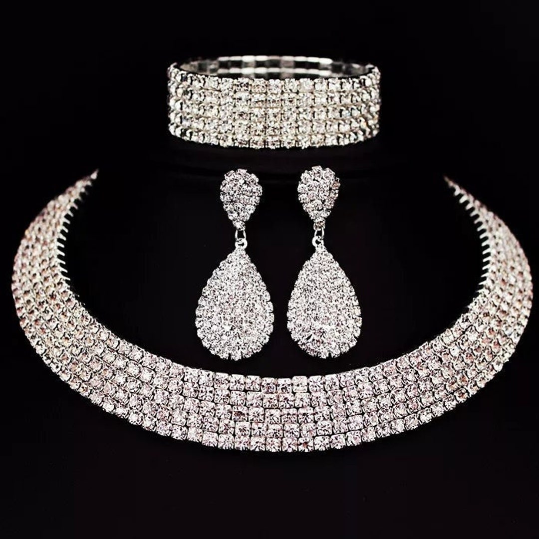 3/4 Pieces Women Jewelry Set Rhinestone Crystal Bride Statement Choker  Necklace Tiara Crown Link Bangle Bracelet Teardrop Dangle Earrings Set for