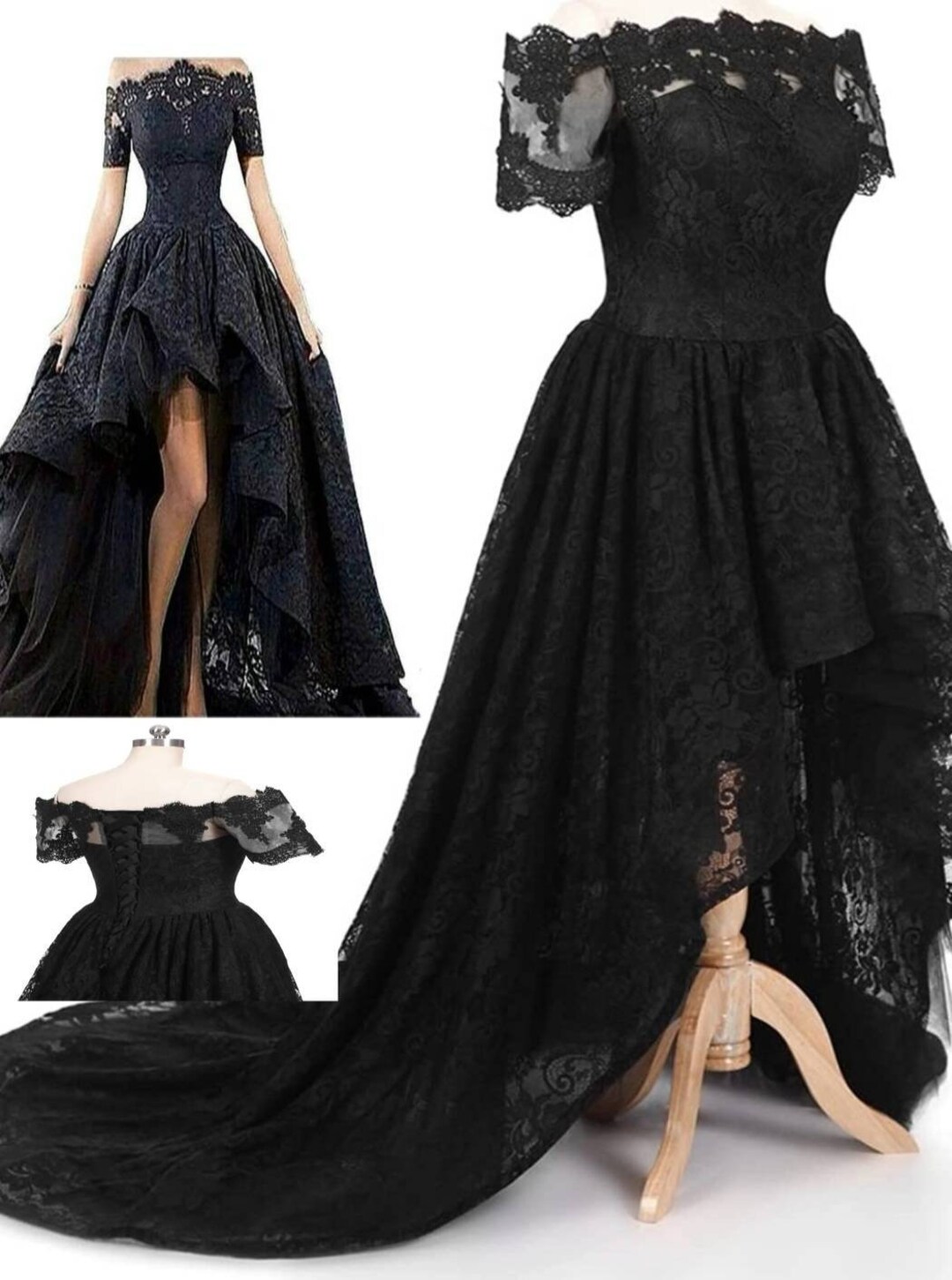 High Low Lace Bridesmaid Dress, off the Shoulder Prom Dress, Wedding