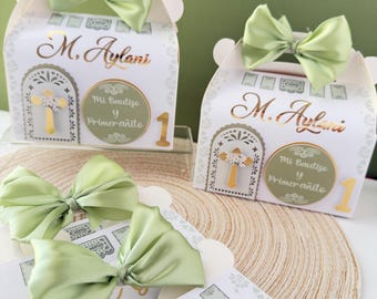 Personalized Baptism Favor Box – Green Gold First Birthday Treat Box