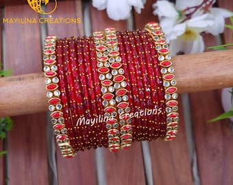 Silk Thread Bangles with Glass Bangles Combo (Set of 16 Bangles)