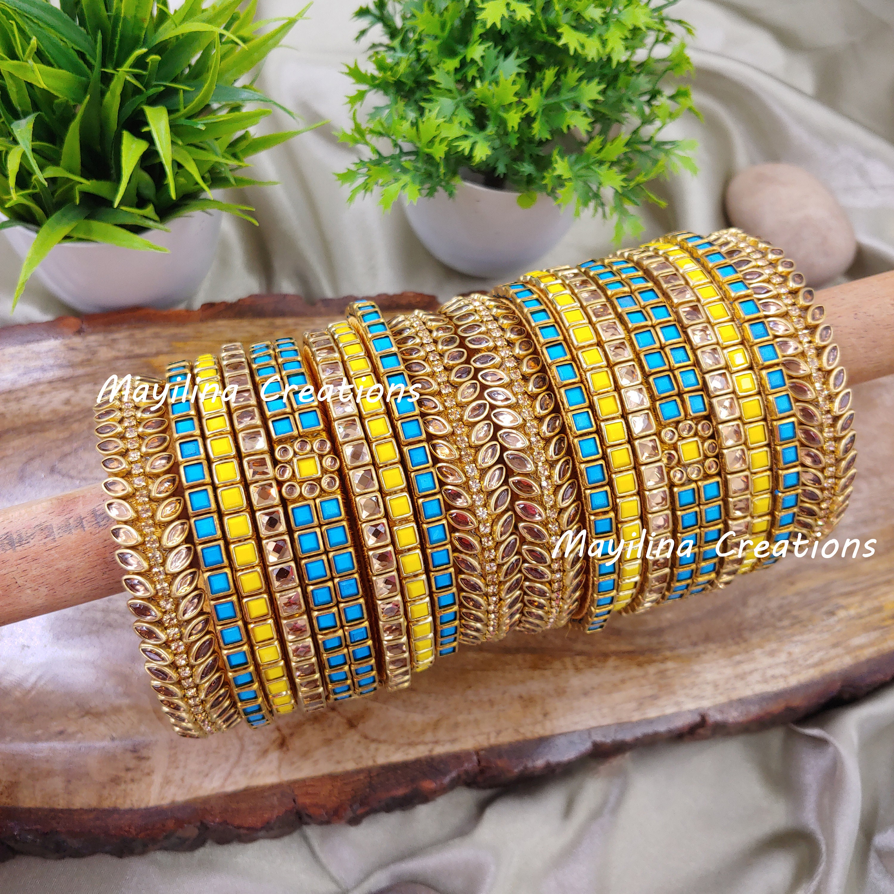 Blue and Yellow Silk Thread Kundan Bangles
