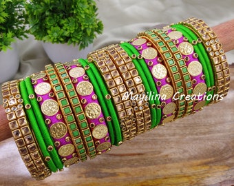 Silk Thread Bangles with Lakshmi Coin and kundan