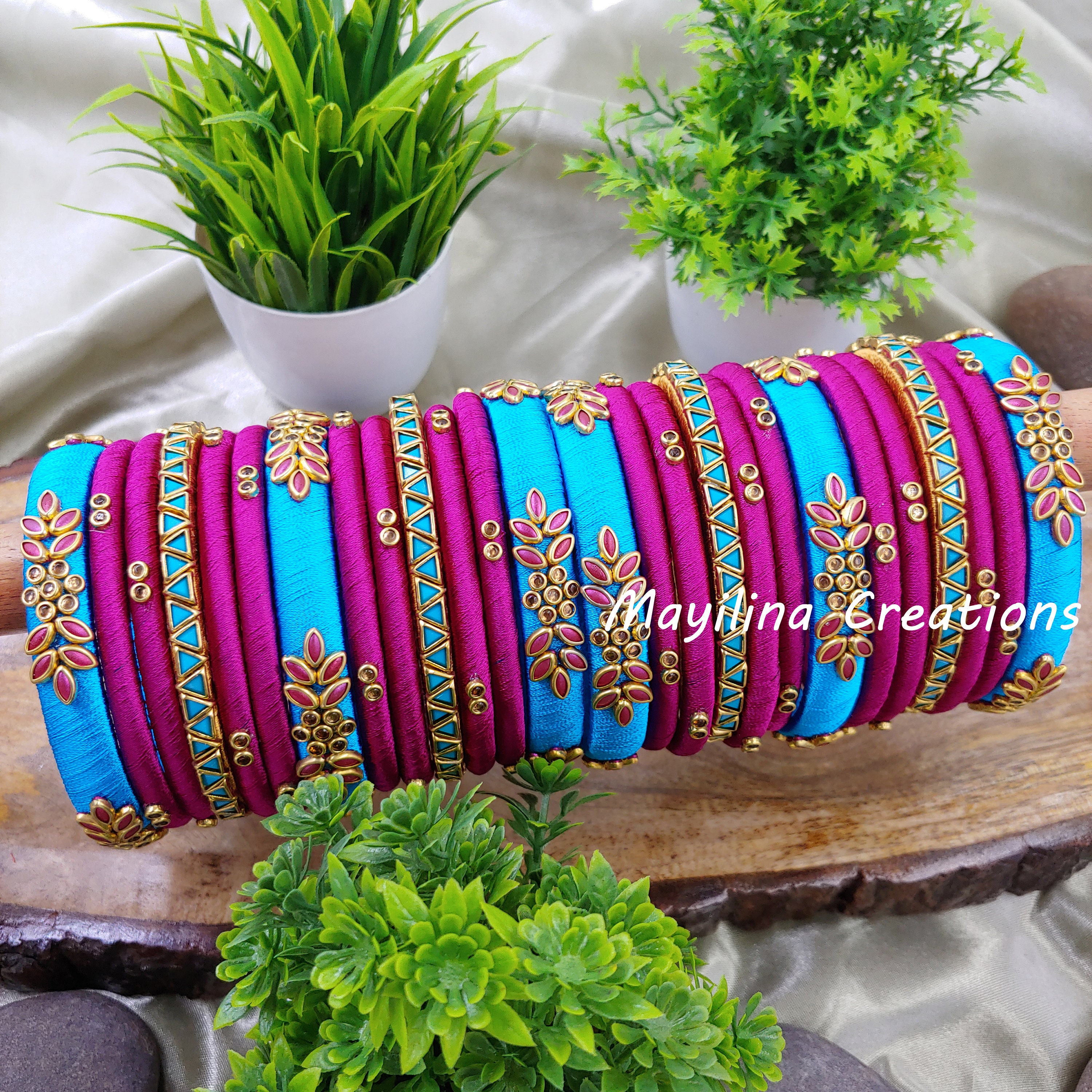 Pink and blue silk thread bangles deals