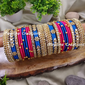 Pink and Blue Bridal Silk Thread Bangles for Wedding, Engagement, Baby Shower