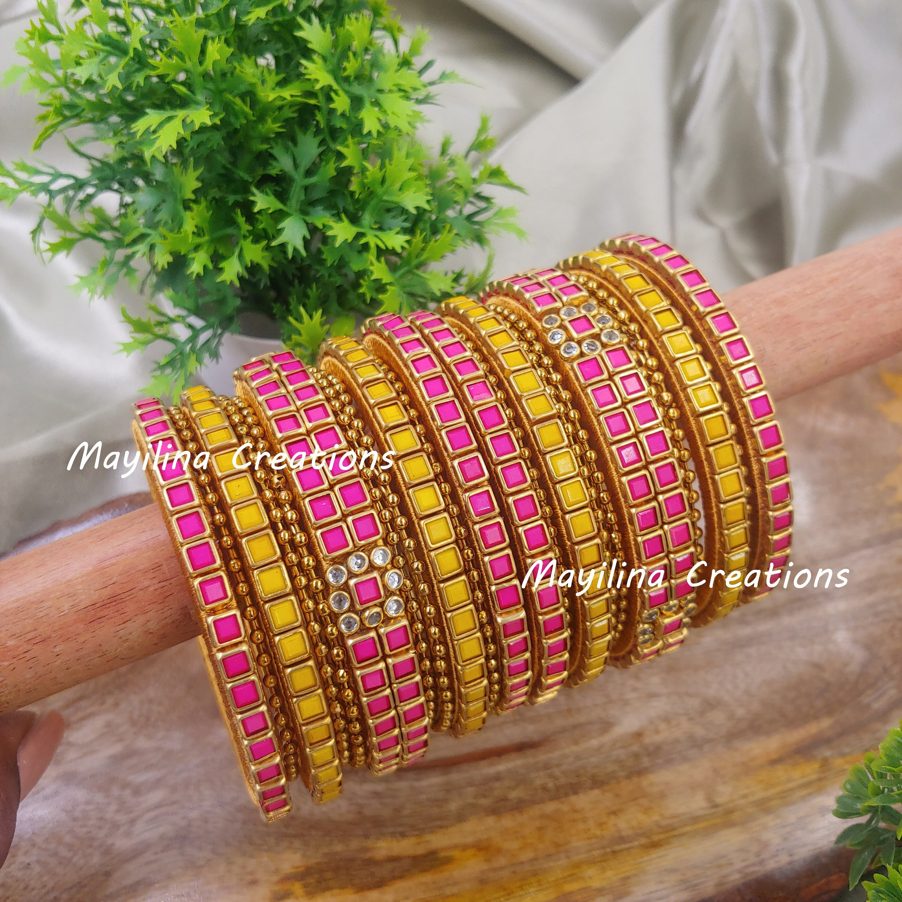 Yellow and Pink Silk Thread Kundan Bridal Bangles Etsy Australia
