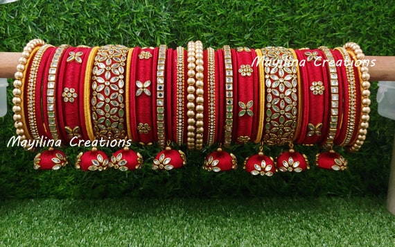 Plain Orange Floral Bridal Kundan Stone Silk Thread Bangle – Posh Jewelery