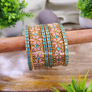 Pink and Blue Kundan Bangles for Women